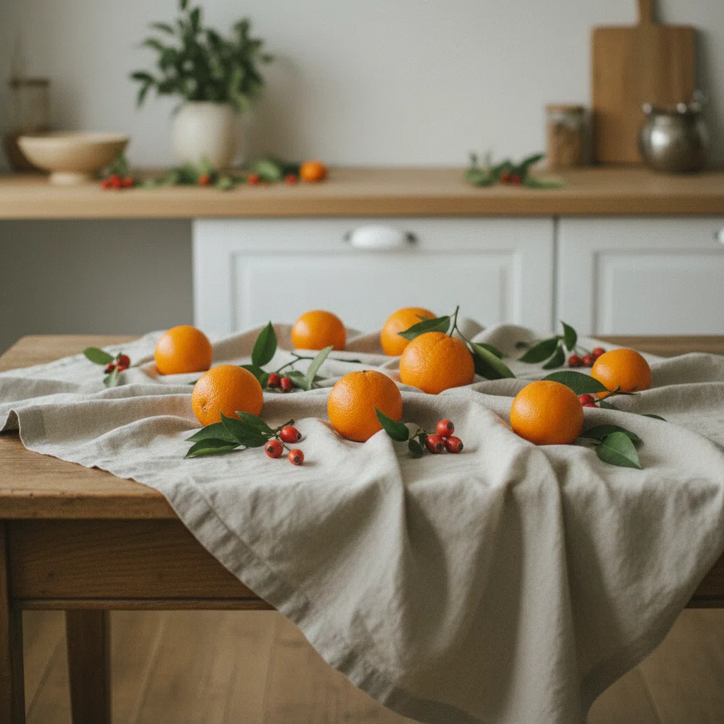 Verse kruiden, citrusvruchten en noten op een lichte keukentafel