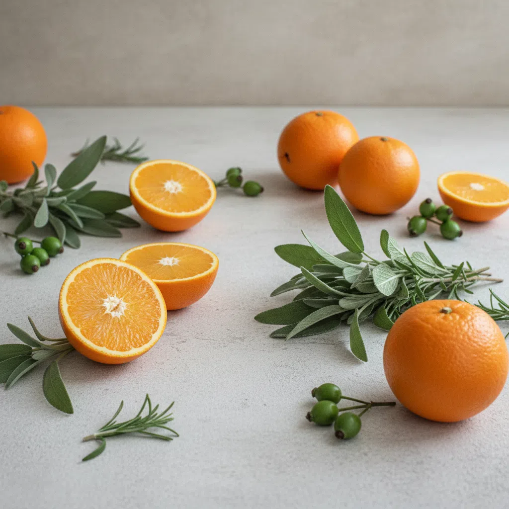 Verse sinaasappelen, rozenbottels en groene bladeren op een lichte stenen keukentafel