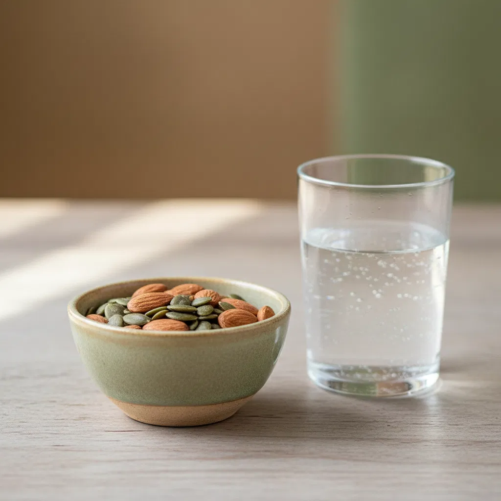 Amandelen, pompoenpitten en een glas mineraalwater op een houten tafel